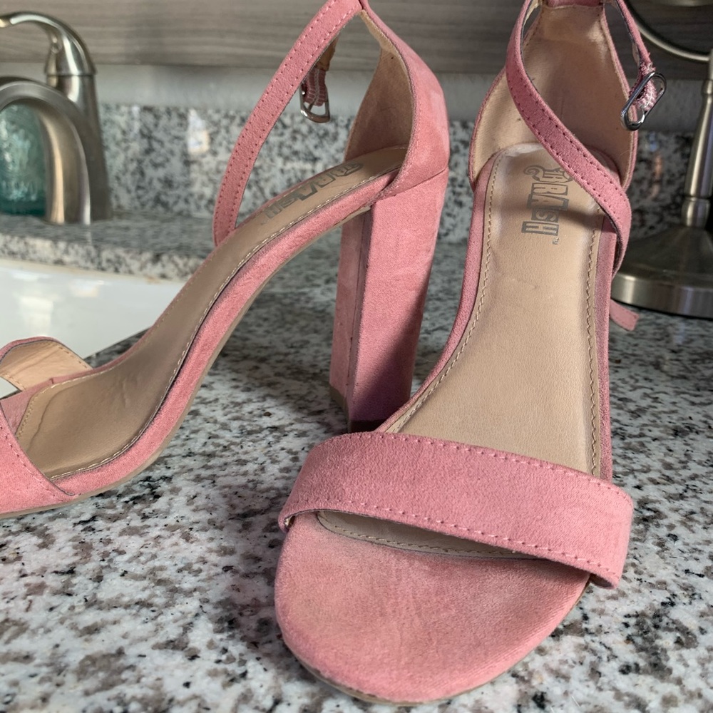 Pink Suede Block Heels